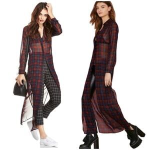 #T99 Nasty Gal Long Button Down Plaid Sheer Cardigan Shirt SZ L $79
